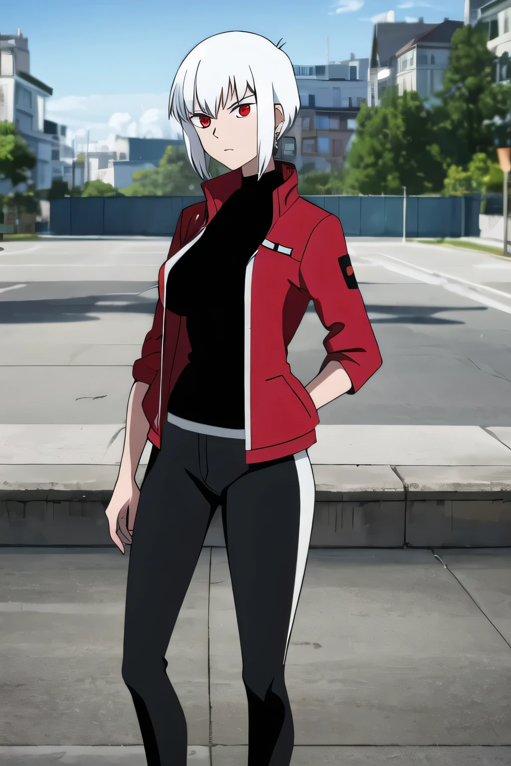 benuaf, 1girl, white hair, black pants, red jacket, red eyes, tomboy, short hair,big tits