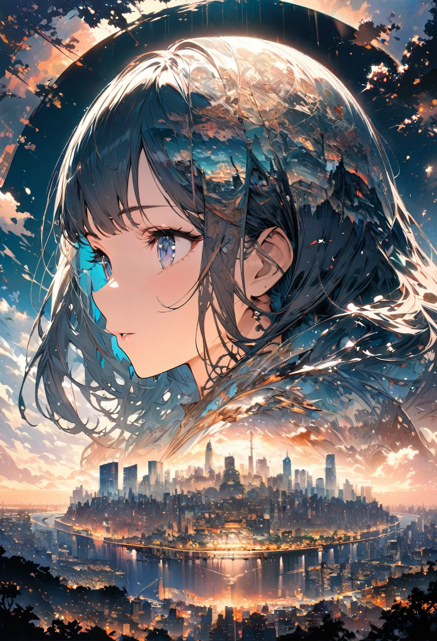    Double exposure of a beautiful and delicate lady(Face clear and perfect)Image，The backdrop is a hyper-detailed tokyo city perfect for, Beautifully, Intricate illustrations, art work concept art work masterpiece, best quality, Super detailed, HD