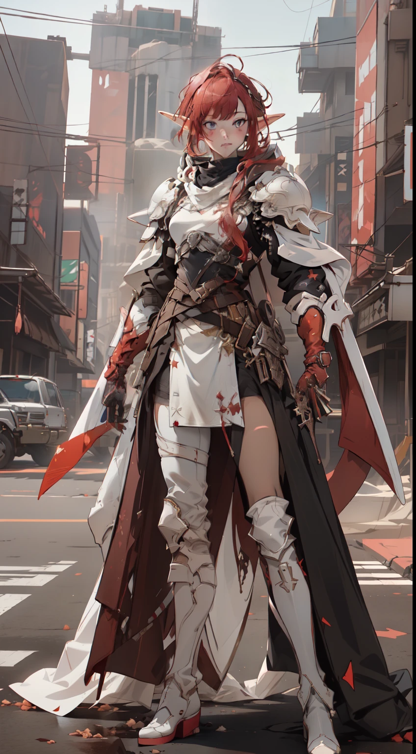 (masterpiece, top quality, best quality, official art, beautiful and aesthetic:1.2), (elf), (1girl), solo, Bangs, red tinted hair,((dessertpunk X white armor)),long black glovelack pantyhoses,Handsome standing with white boots, highest detailed, art by Artgerm, by Kawacy, By Yusuke Murata