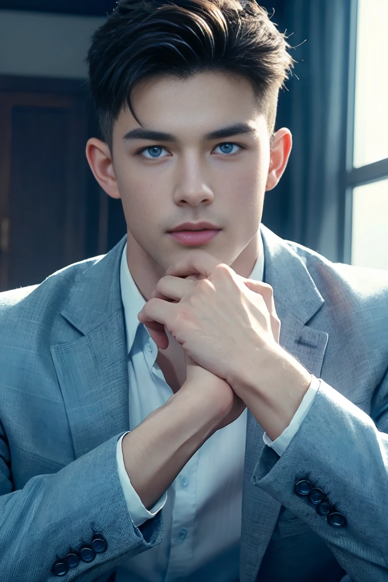 Ultra wide angle,((masterpiece)),((best quality)),8K,High Detail,Very detailed, 2 handsome muscular boys,Very manly,blue eyes,Fashionable short hair,Vivid male image, fashion pose, masculine expression,Real skin texture, ((Perfect hand details)),(Real and complete hand details),Light,
Royal blue style couple,White male model photos