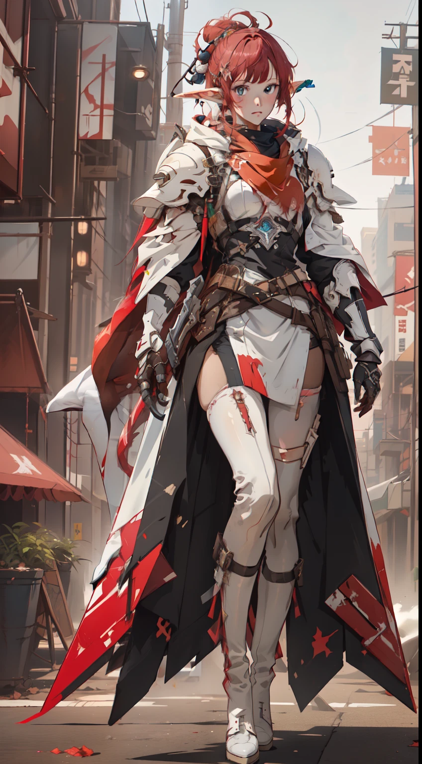 (masterpiece, top quality, best quality, official art, beautiful and aesthetic:1.2),  (elf), (1girl), solo,  Bangs,  red tinted hair，((dessertpunk X white armor))，long black glovelack pantyhoses，Handsome standing with white boots, highest detailed, art  by Artgerm, by Kawacy, By Yusuke Murata