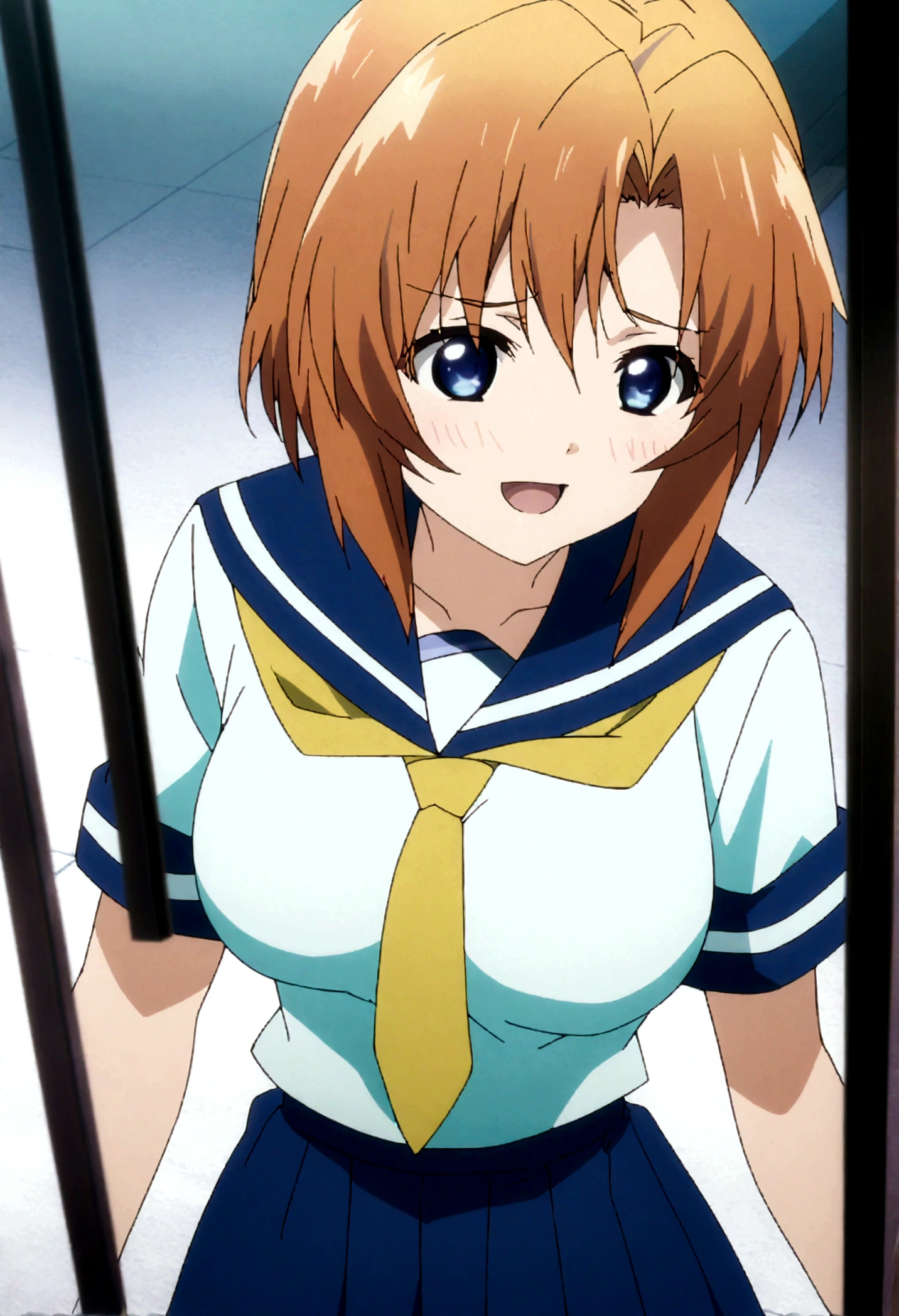 score_9, score_8_up, score_7_up, score_6_up, source_anime, , 1girl, ryuuguu rena, solo, age, kawaii, breasts, medium breasts, blue eyes, blush, open mouth, orange hair, short hair, big breasts, simple background, white background, blue , serafuku, skirt, smile, pleated skirt, blue skirt, necktie, yellow necktie,from front,selfie,straight-on,anime screencap, anime coloring,(best quality),(aesthetic,very aesthetic),anime keyvisual,sharp focus,depth of field,,professional lighting,cinematic lighting,