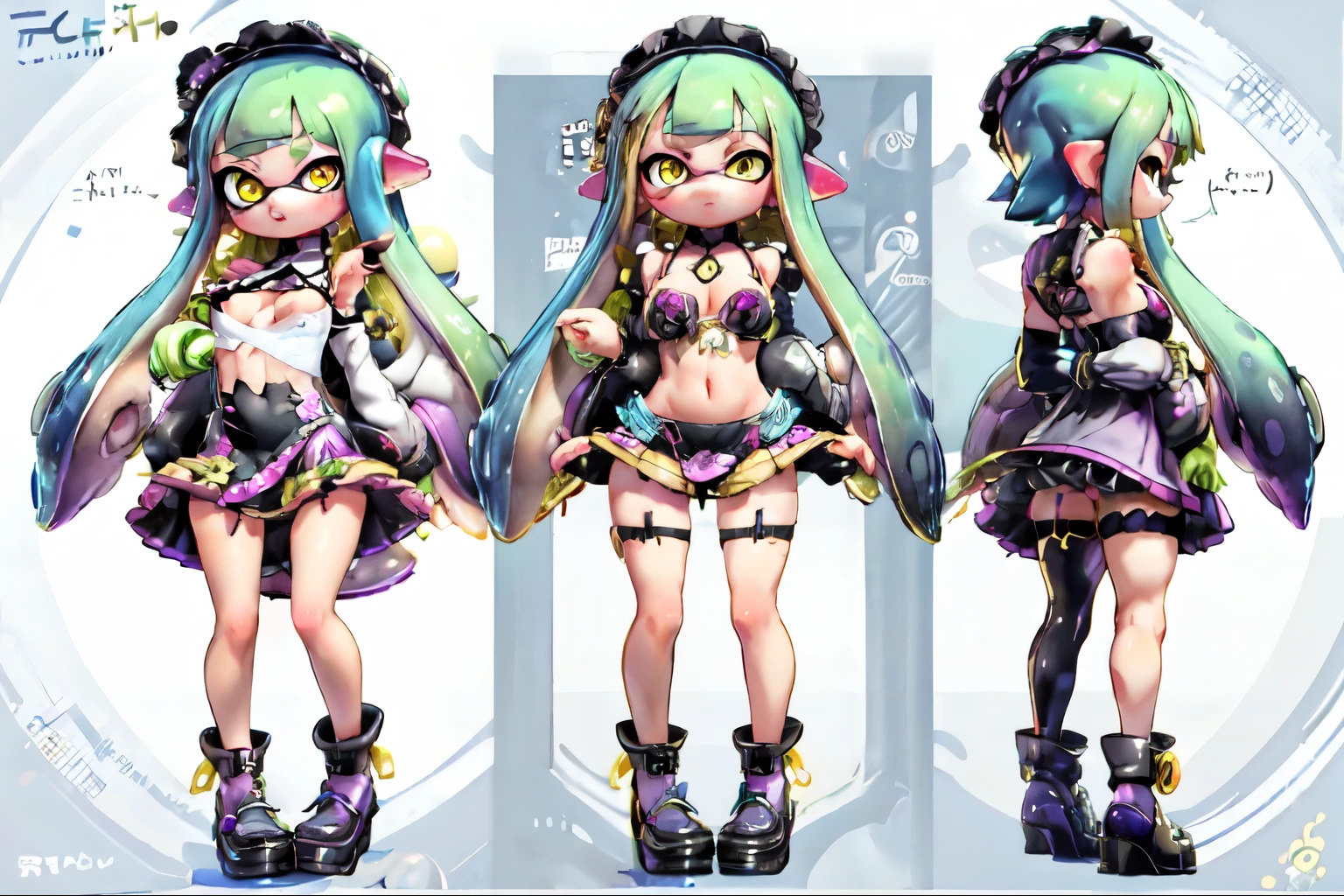Multiple Views,One Splatoon girl,Golden Eyes、Maid clothes、gigantic breast、Cleavage、Micro Mini Skirt,Jacket,whole body,