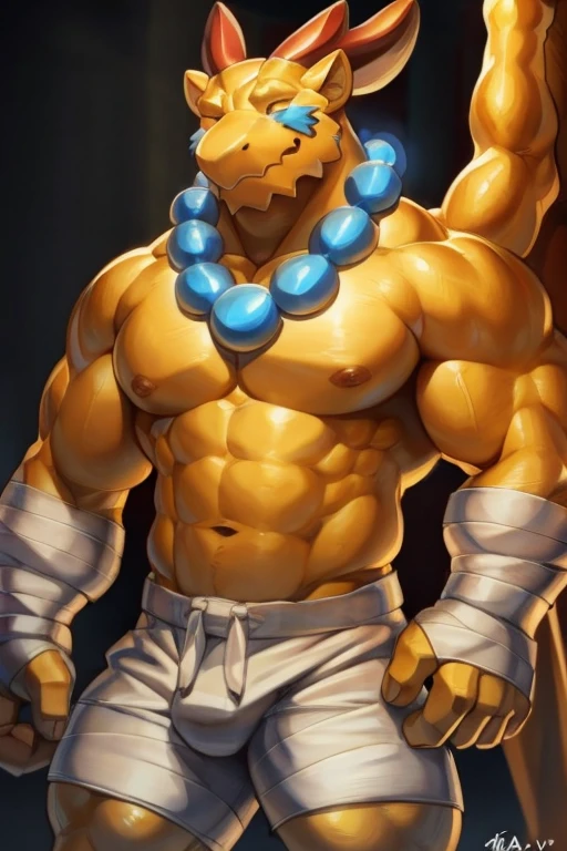 by null-ghost,by bna v5, by canyne khai, by milkytiger1145,masterpiece, high quality, absurd res, digital painting \(artwork\). soft lighting,kemono,bandage wrist, bandage shorts,presenting armpit,
detailed eyes, volumetric lighting, amazing, finely detail,dragon garr,wing,necklace,red_horn,yellow body,pecs, abes,nude, muscle ,smile, straight-on,one eye closed