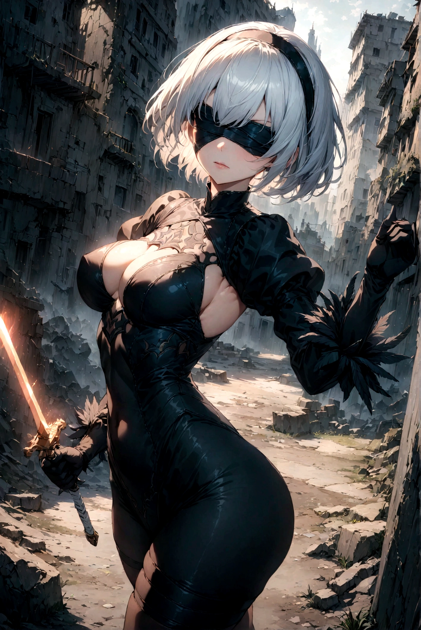 ((Masterpiece, top quality, high resolution)), ((highly detailed CG unified 8K wallpaper)), (huge stunning goddess shot, very hot and sexy, jaw-dropping beauty, perfect proportions, beautiful body, slim body beauty:1.1), depth of field, short hair, white hair, solo, wearing ornate armor, gold trim, fighting stance, , closed mouth, holding sword, glowing sword, abandoned city, old building, type2b, black_blindfold, black_hairband, feather-trimmed_sleeves, action shot, extremely detailed,