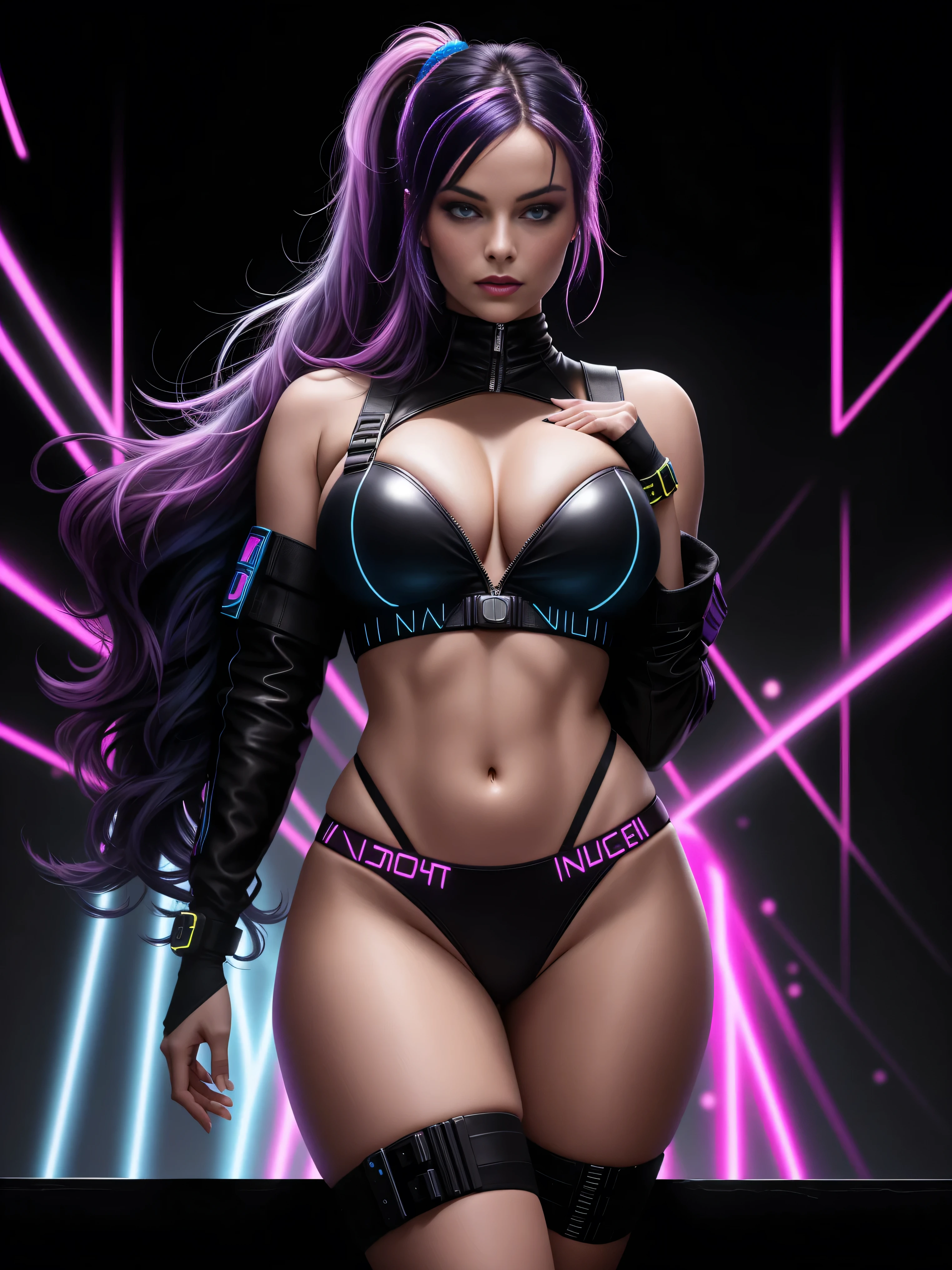 there is Margot Robbie, navy blue and bright purple neon streaked hair, hair in pony tail, 3 d neon art of a womans body, neon-noir background, cyberpunk femme fatale, seductive cyberpunk dark fantasy, cyberpunk strip clubs, cyberpunk 20 y. o model girl, oppai cyberpunk, banner, high definition cgsociety, cgsociety masterpiece, trending on cgstation, kda, random hair, looking at camera, gigantic breasts, cleavage, (high detailed skin:1.2), 8k uhd, dslr, super lighting, high quality, film grain, high res, highly detailed, hyper realistic, beautiful face, beautiful body, beautiful eyes nose lips, alluring expression, very bold, upper visible, full body photo, standing legs apart, pale translucent glowing skin, most beautiful face, cute, (well defined pubic hair:1.2)), (dark plain black background:1.4))