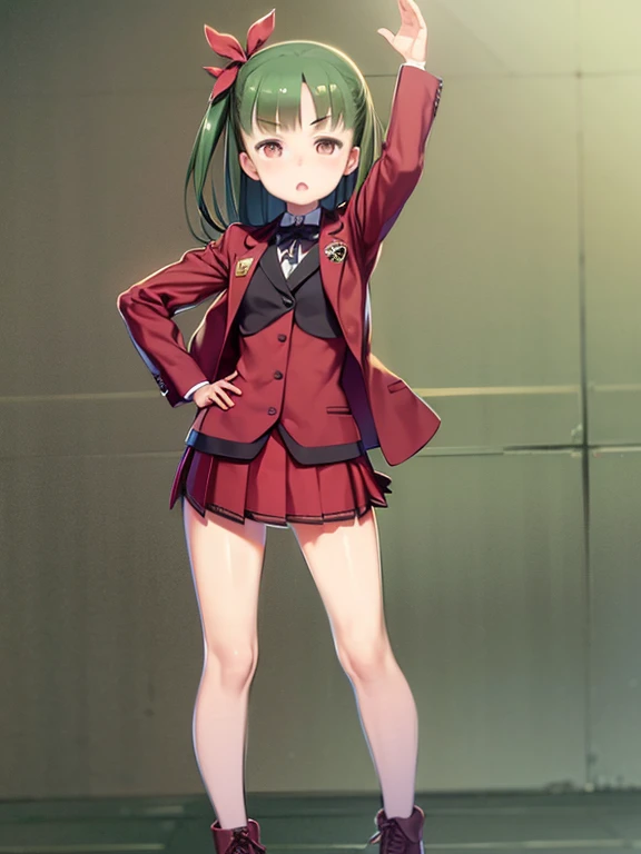 ((masterpiece, highest quality)), One girl, Hishimiya Tsugaru, Red eyes, Green Hair, bangs, Hair Ribbon, Brown jacket, Pleated skirt, Red Skirt, Checked skirt,