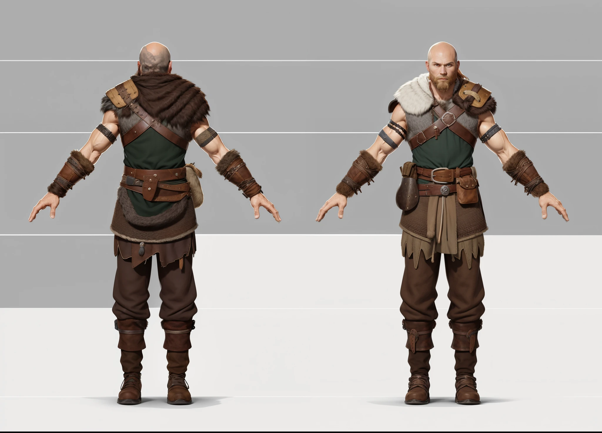 ( Realistic:1.33),(masterpiece:1.1),(highest quality:1.1),(HDR:1) a close up of a hunter villager with fur coat, medieval villager , wool cloth, full body concept, detailed full body concept, Viking ranger style, Viking protective, Portrait of a Viking, Viking warrior, Viking culture, Nordic warrior, Viking costume, Ancient Viking warrior, wearing Viking clothing, male Viking, with Machado, Nordic inspiration, Viking and barbarian aesthetics, full body character concept,costume concept design, full body details, detailed full body concept art, full character body, character model sheet turnaround, fullbody shot turnaround, concept character sheet, full body concept art, reference model sheet , full body concept art, RPG style character, game character design, 3d character reference sheet, video game character concept, detailed character design, character sheet, [ character model sheet turnaround ], front and back, ((front and back)), grey clean background, 3D character, leather belt, leather boots with rob, ((gambeson cloth)), leather belt on chest, (viking warrior), ((barbarian)),(((wide chest)), leather shoulder armor, (gambeson loincloth), ragged loincloth,((Woolen Drawstring Pouch on belt))