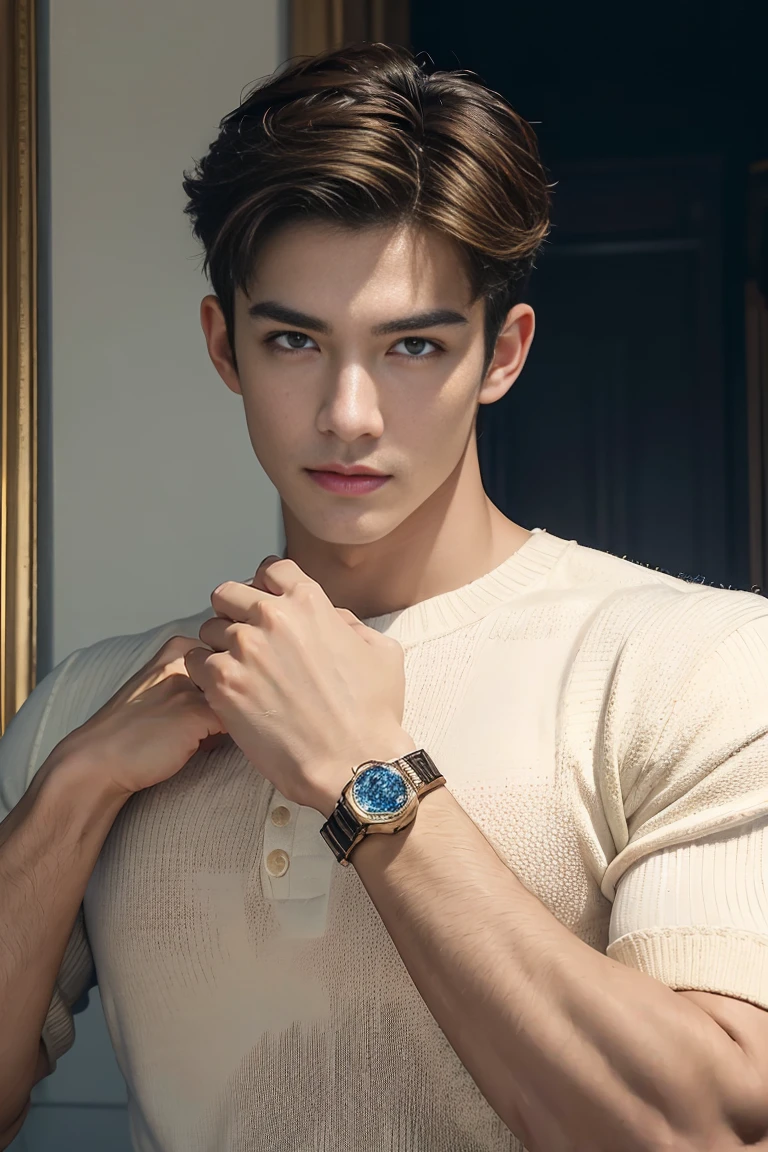 Ultra wide angle,((masterpiece)),((best quality)),8K,High Detail,Very detailed, 2 handsome muscular boys,Very manly,Golden brown eyes,Fashionable short hair,Vivid male image, fashion pose, masculine expression,Real skin texture, ((Perfect hand details)),((Real and complete hand details)),Light,
Royal blue style couple,White male model photos