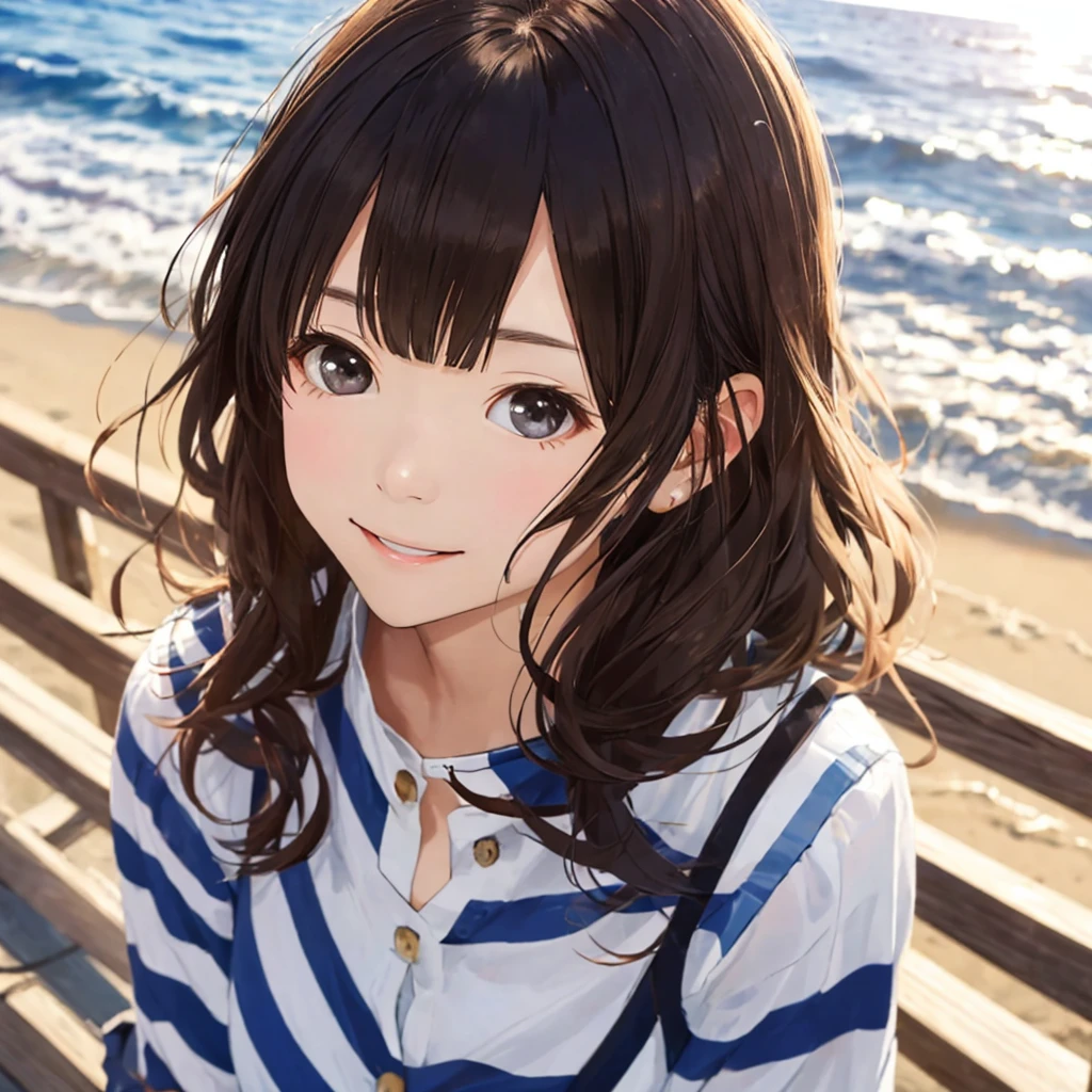 Shiraishi Mei, Looks exactly like Shiraishi Mei, A kind smile ,Long Hair, Dark brown hair, 2 girls, 18-year-old, photograph, Realistic, highest quality, Detailed face, Strong sunlight, Ocean, Detailed Background, Diffused sunlight, Written boundary depth, Bokeh (highest quality: 1.2), (masterpiece: 1.2), Watch Viewer, one piece, White Theme, Thin Blue Stripes,Cowboy Shot,Look up at the sky