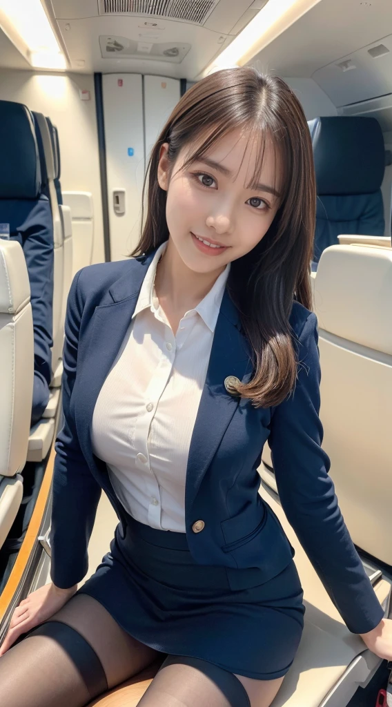  (8K, best quality, masterpiece:1.2), (realistic, photo-realistic:1.37), (high color saturation:1.0),  (highly detailed skin), (highest quality:1.0), (ultra high resolution:1.0) ,(realistic:1.0), (Super detailed:1.0), (8K, Raw photo:1.1)、standing random pose, smiling, natural breast, perfect lighting, 22years old, (mysterious), clear and detailed, ((ANA_Cabin Crew, blue flight attendant_uniform)), black pantyhose, (aircraft, aircraft seats), cute face, sitting, (I can see the white_panties from skirt),