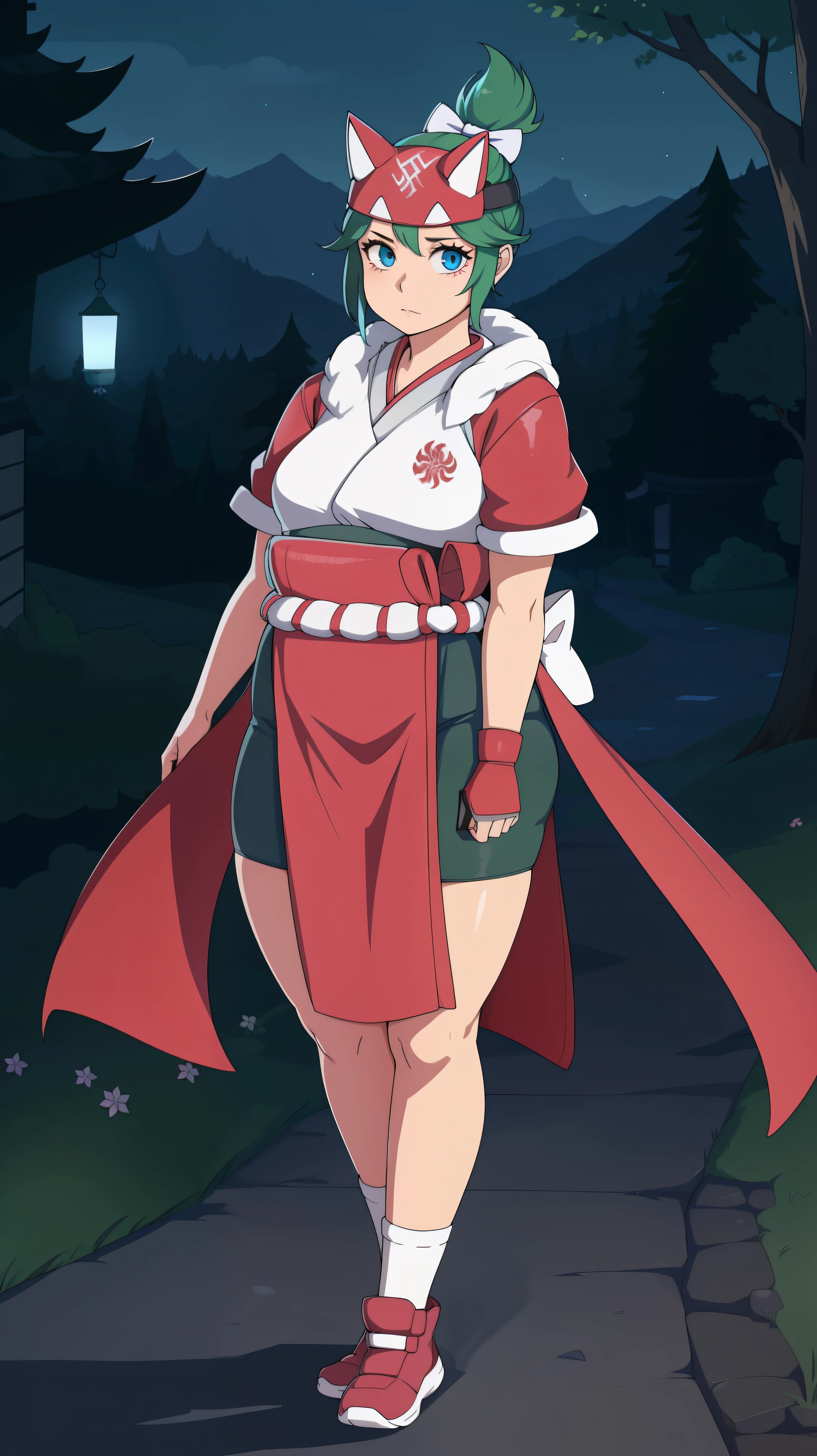 Tall, 20 years old(Full body:1.0)1girl, solo, mask, glowing eyes, glowing, japanese clothes, looking at viewer, bow, blue eyes, green hair, hair bow, fox mask, pink bow, mask on head