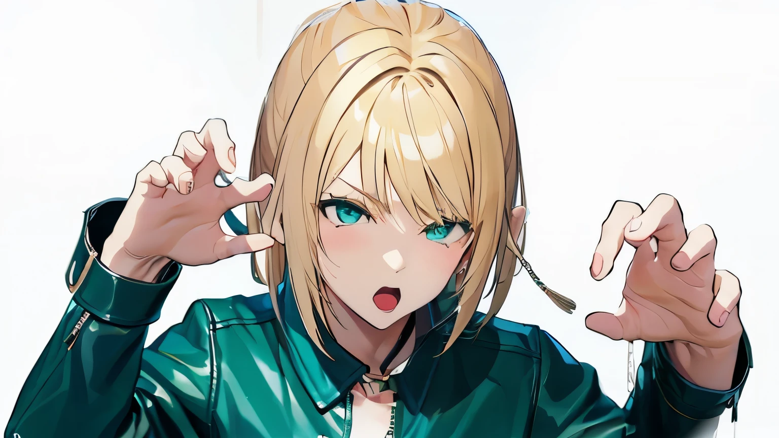 Embarrassed、Korean、1 girl、blonde、amount、Green Leather Shirt、Stand up your collar、Face Up、
