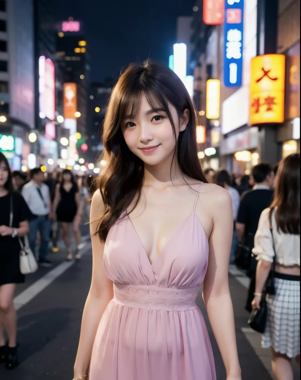 High-quality photos、(Live-action 1.3)、Soft Light、One Japanese woman、24-years-old、Perfect visuals、Beautiful and cute、Beautiful breasts、Delicate and beautiful face、Cool and cute smile、long hair、dark brown hairstyle、Wearing an elegant dress(Random colors)、Shibuya at night in the background