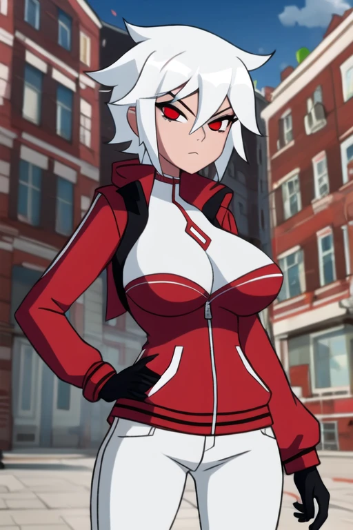 benuaf, 1girl, white hair, black pants, red jacket, red eyes, tomboy, short hair, big tits,