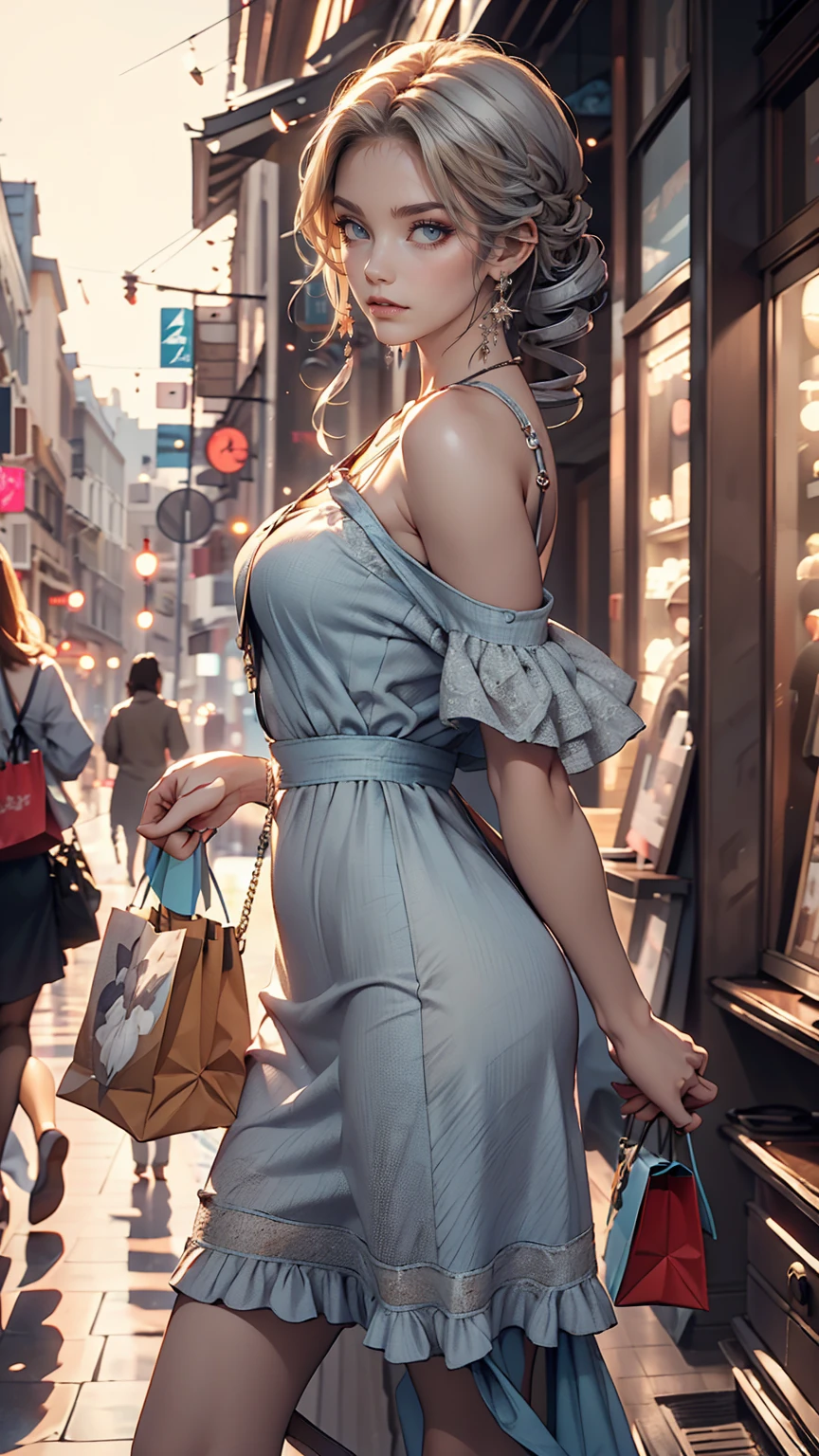 24 year old Caucasian female、blue eyes、Silver Hair、long hair、Vertical roll on one side((side drill))、Wear a sheer camisole dress、Wear mules、Tote bag on shoulder、French bread comes out of the tote bag、Shopping in the downtown area