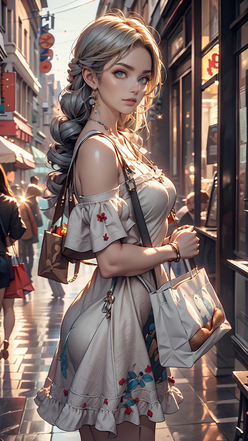 24 year old Caucasian female、blue eyes、Silver Hair、long hair、Vertical roll on one side((side drill))、Wear an off-the-shoulder dress、Wear mules、Tote bag on shoulder、French bread comes out of the tote bag、Shopping in the downtown area