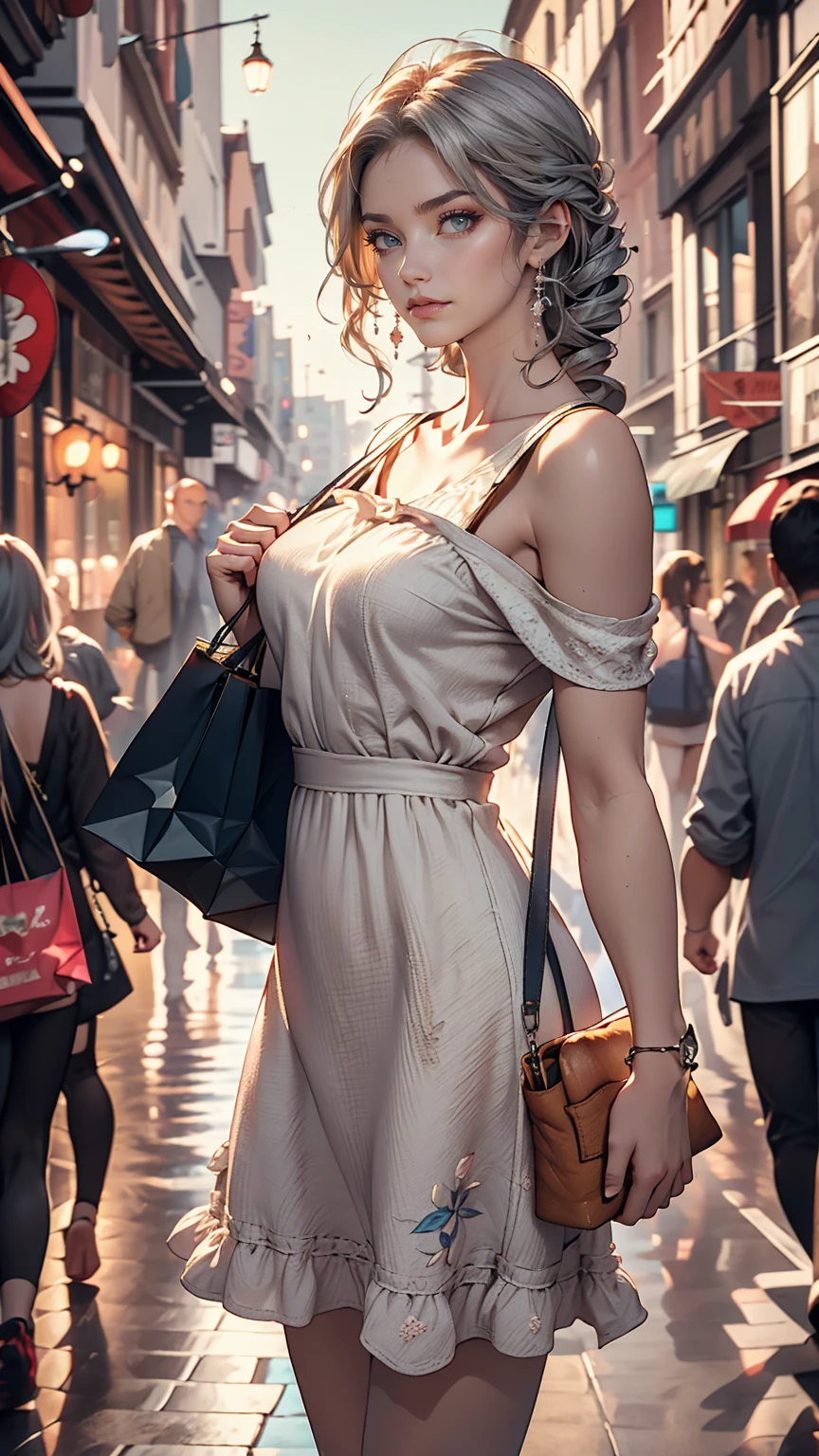 24 year old Caucasian female、blue eyes、Silver Hair、long hair、Vertical roll on one side((side drill))、Wear a one-piece dress with shoulder straps、Wear mules、Tote bag on shoulder、French bread comes out of the tote bag、Shopping in the downtown area