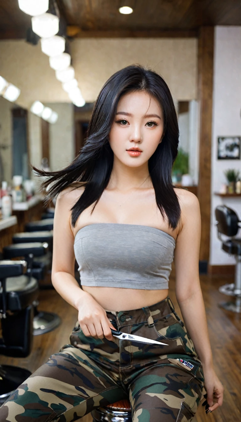 close-up of beautiful Korean female, An Yujin is a IVE korean pop girl group, shoulder-length cut, black hair, straight hair, thick flat bangs cut, 34 inches breasts size, wearing tight camouflage strapless tube top, wearing tight camouflage very short pants, the barber holding the scissors to cut my hair, my hair was cut by a barber, leftover hair pieces on the floor, at the male barbershop, UHD