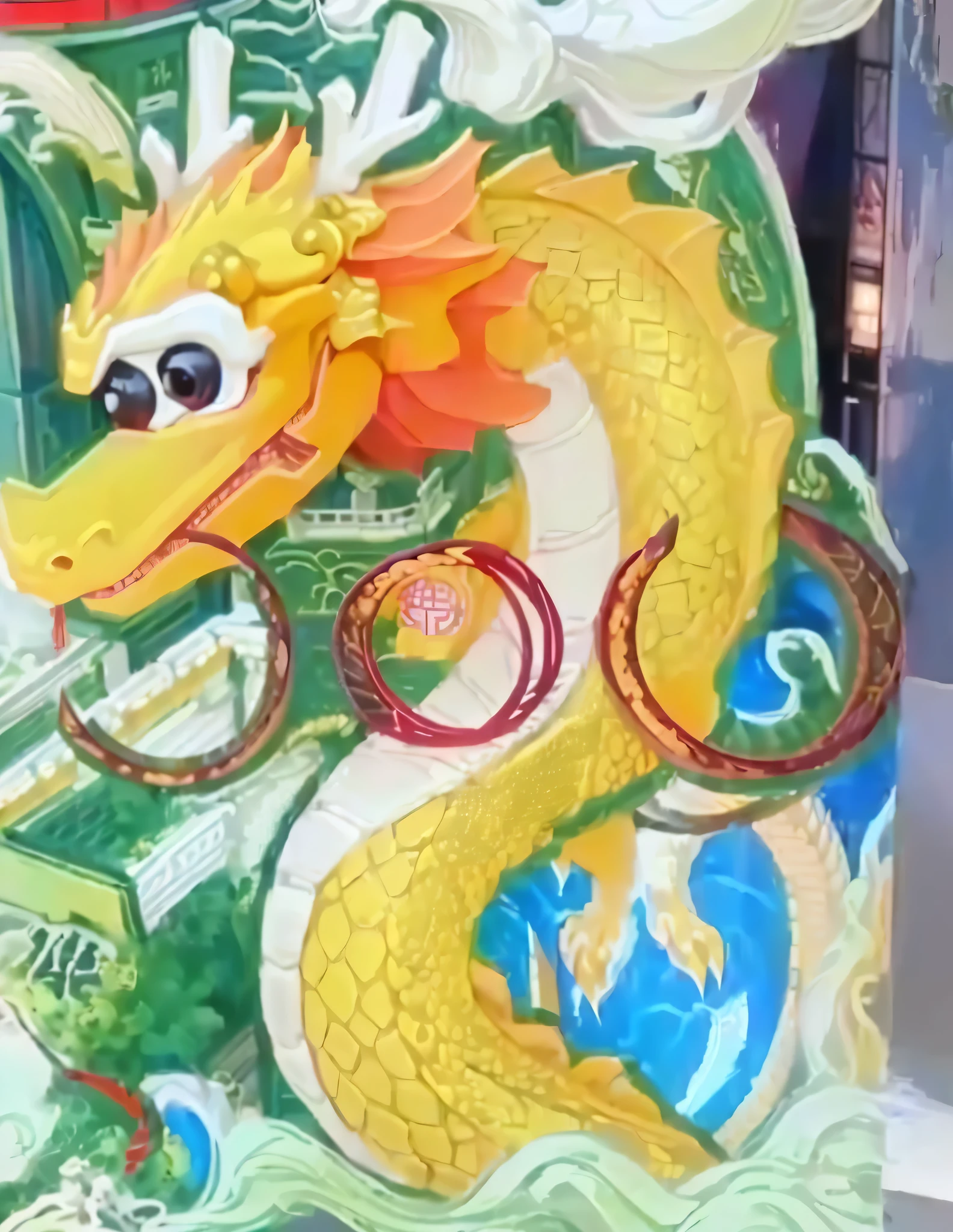there is a dragon on the side of a building with a clock, smooth chinese dragon, yellow dragon head festival, dragon in the background, chinese dragon, china silk 3d dragon, nice images, chinese dragons fighting, dragon, dragon-shaped human, chinese dragon concept art, dragon design language, dragon, nanquan, a dragon, jermungander
