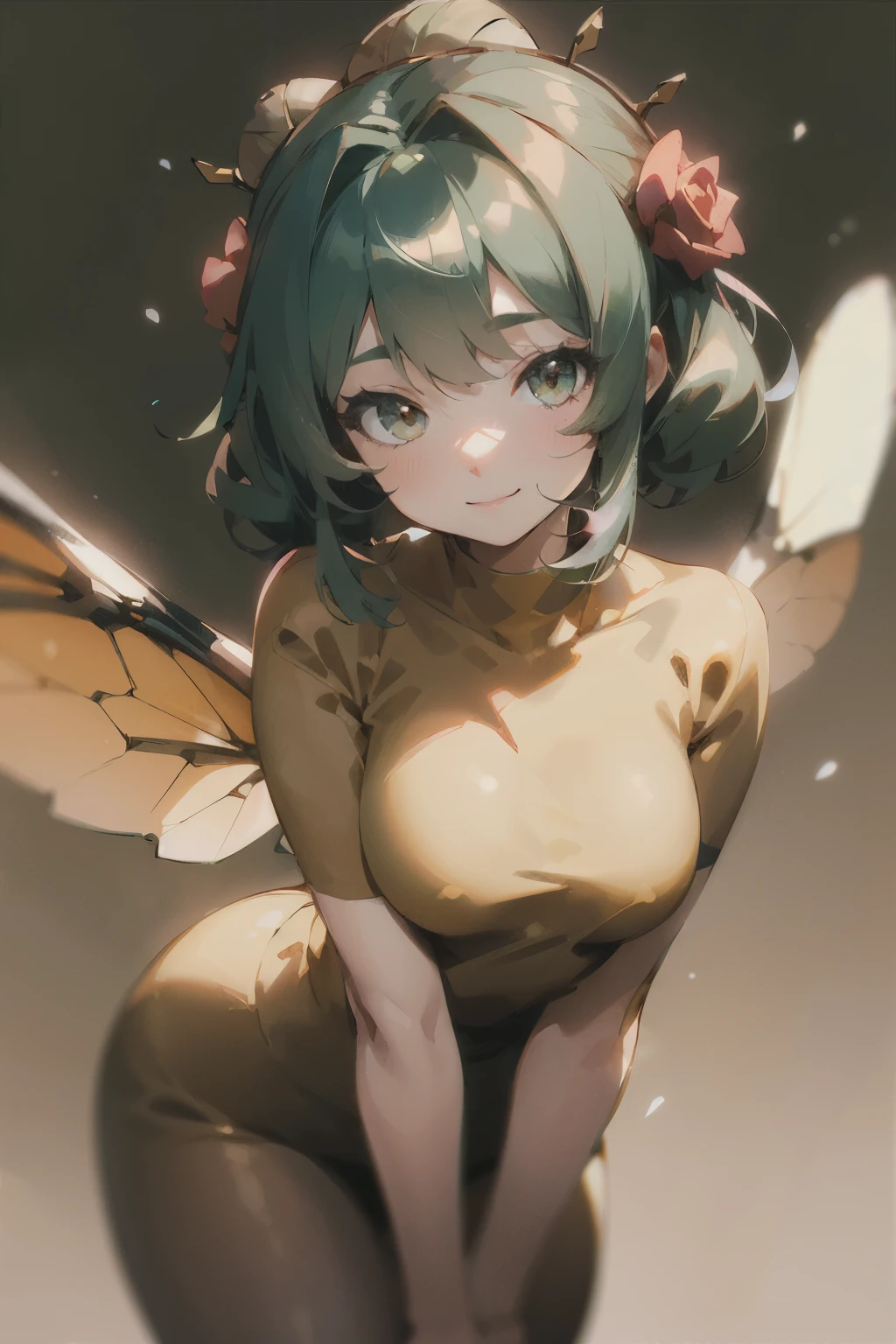 Dark green hair, rose crown, curvy farm outfit, 1 girl, solo, facing camera, light brown eyes, anime, gentle smile, bee girl, bee wings, bee tail, beehive background