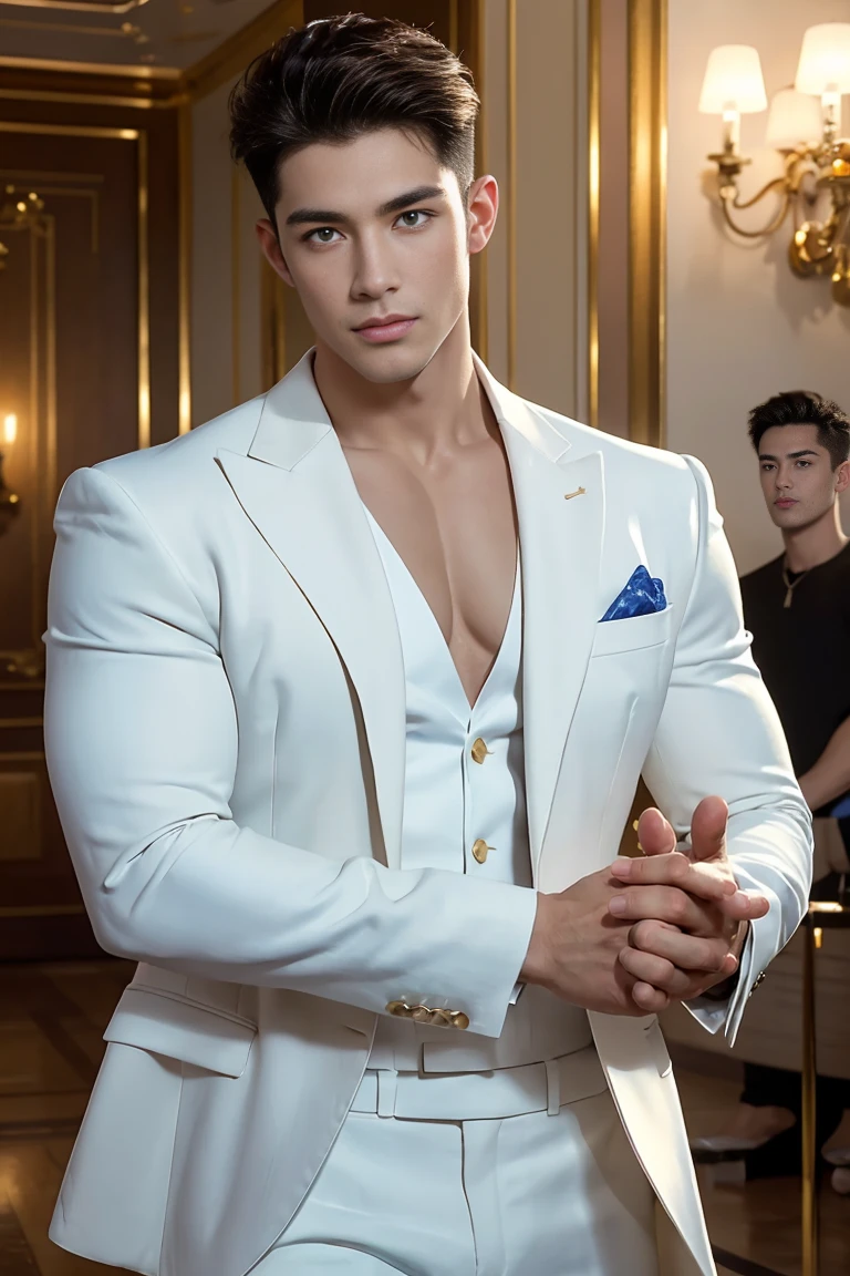 Ultra wide angle,((masterpiece)),((best quality)),8K,High Detail,Very detailed, 2 handsome muscular boys,Very manly,Golden brown eyes,Fashionable short hair,Vivid male image, fashion pose, masculine expression,Real skin texture, ((Perfect hand details)),((Real and complete hand details)),Light,
Royal blue style couple,White male model photos
