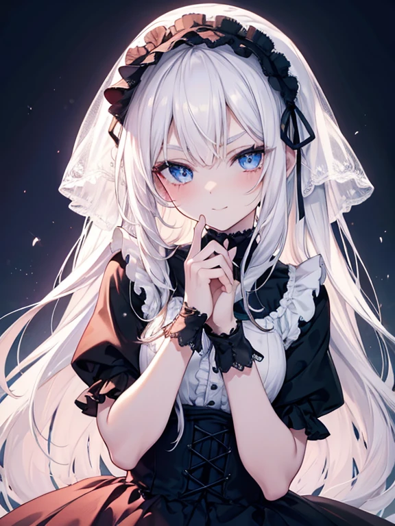 Tabletop, highest quality, (Perfect Face:1.1), (Attention to detail:1.1), (Ultra-detailed eyes), dramatic, Ultra-thin illustration, Very detailed, One Girl, (Pale skin), Long white hair, Psychic Eyes, blue eyes,We say, (Thin eyebrows),blush,alone, smile, Open your mouth,Pouting,Cinema Lighting, View Viewer,Cowboy Shot,Gothic Lolita, Frills, ribbon,Headdress