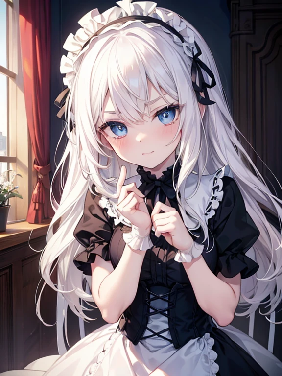 Tabletop, highest quality, (Perfect Face:1.1), (Attention to detail:1.1), (Ultra-detailed eyes), dramatic, Ultra-thin illustration, Very detailed, One Girl, (Pale skin), Long white hair, Psychic Eyes, blue eyes,We say, (Thin eyebrows),blush,alone, smile, Open your mouth,Pouting,Cinema Lighting, View Viewer,Cowboy Shot,Gothic Lolita, Frills, ribbon,Headdress