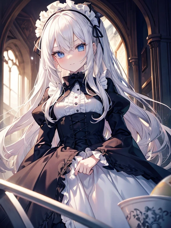 Tabletop, highest quality, (Perfect Face:1.1), (Attention to detail:1.1), (Ultra-detailed eyes), dramatic, Ultra-thin illustration, Very detailed, One Girl, (Pale skin), Long white hair, Psychic Eyes, blue eyes,We say, (Thin eyebrows),blush,alone, smile, Open your mouth,Pouting,Cinema Lighting, View Viewer,Cowboy Shot,Gothic Lolita, Frills, ribbon,Headdress