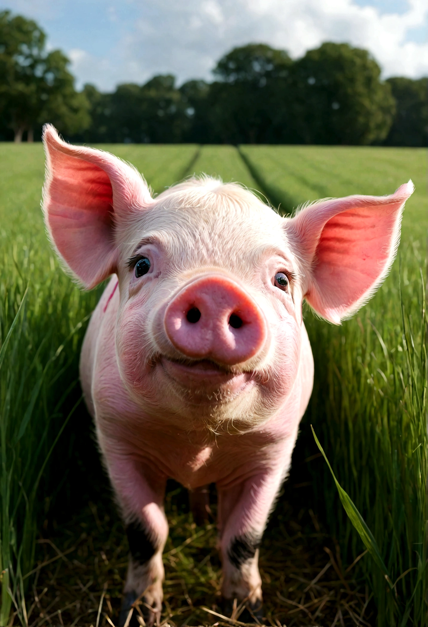cute pink pig, (looking back to viewer:1.5), grass field background,(viewed from below),