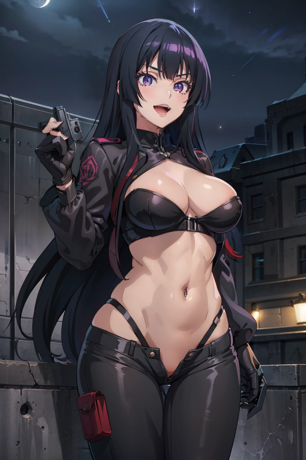 thea_(spy_classroom), (large_breasts:1.5),1girl, gloves, long_hair, black_hair,  purple_eyes,  bangs, black_gloves, blush, lipstick, outdoors, rooftop, cityscape, building, railing, night, night sky, scenery, moon, city lights, blush, lipstick, fur trim, mature female, gloves, fur-trimmed coat, masterpiece, best quality, highly detailed, a girls with a gun, evil smile , open mouth, sexy gaze, badass
pose , evil smile, smile, (nsfw) not safe for work, guns blazing, anime girl with long hair, beautiful long
haired girl, navel, evil expression, exposed belly, exposed navel, exposed midriff, exposed lower belly,
long black pants, crop top, cleavage, unbuttoned leather pants ,open fly, low rise black leather pants,
leather jacket, holding a gun, navel piercing