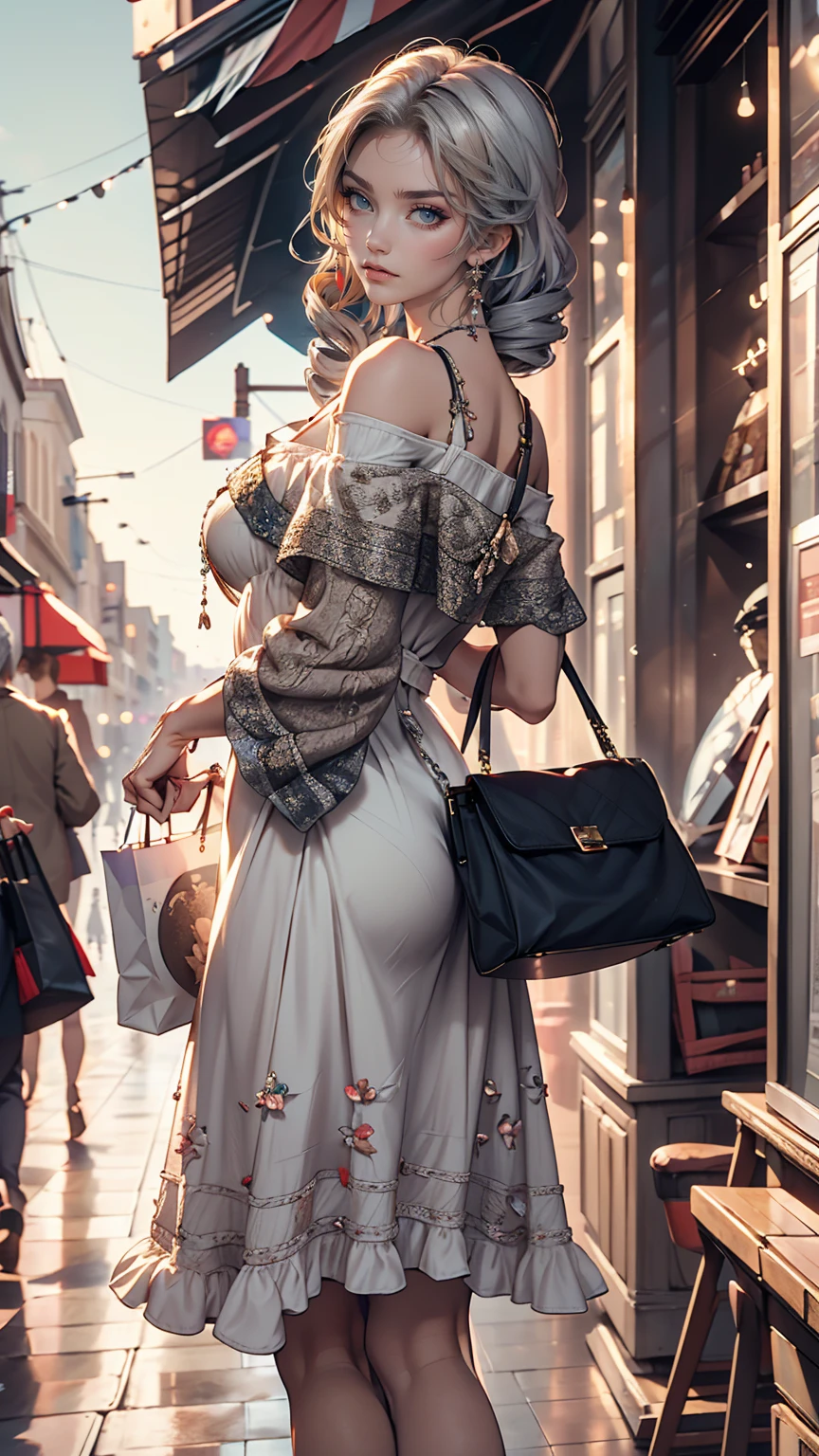 24 year old Caucasian female、blue eyes、Silver Hair、long hair、Vertical roll on one side((side drill))、Wear an off-the-shoulder dress、Wear mules、Tote bag on shoulder、French bread comes out of the tote bag、Shopping in the downtown area