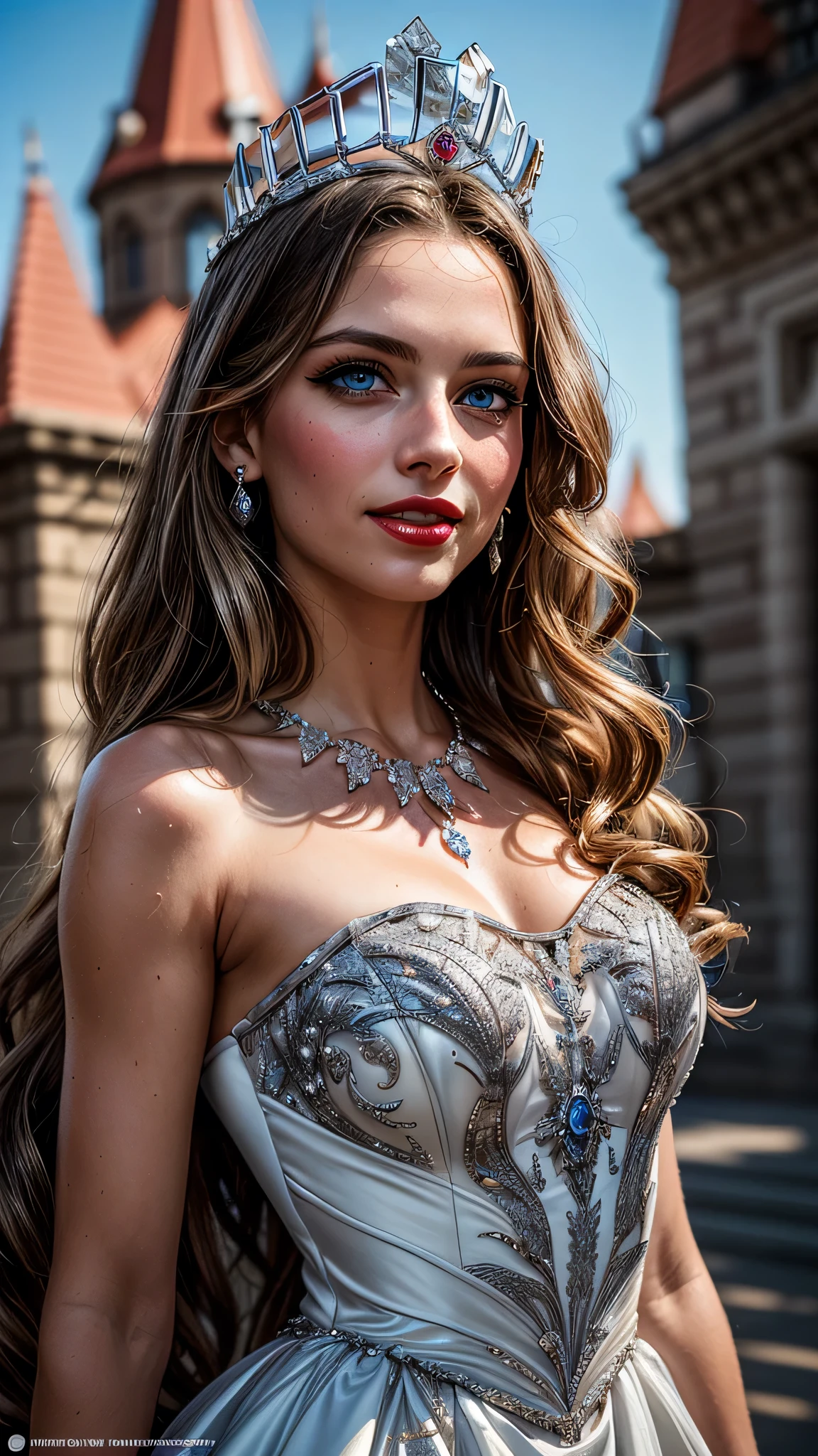 ((best quality: 1.5)) ((masterpiece)), intricate details, sharp focus, professional, real life, realistic representation of the face, dynamic pose, in the style of realistic and hyper detailed renderings BREAK ((detailed (((athletic, (suntan, (white gold renaissance ball gown, (queen, crown, jewels))), blackout eye makeup: 0.4, iceblue eyes), long curly hair [bright ginger hair:blond hair:0.7], smiling, shadows, red lipstick, outdoors, faraway castle)), professional lighting, photon mapping, radiosity, physically based rendering, ultra resolution, hyper-realistic)), photorealistic, hyper-realistic, 8K
