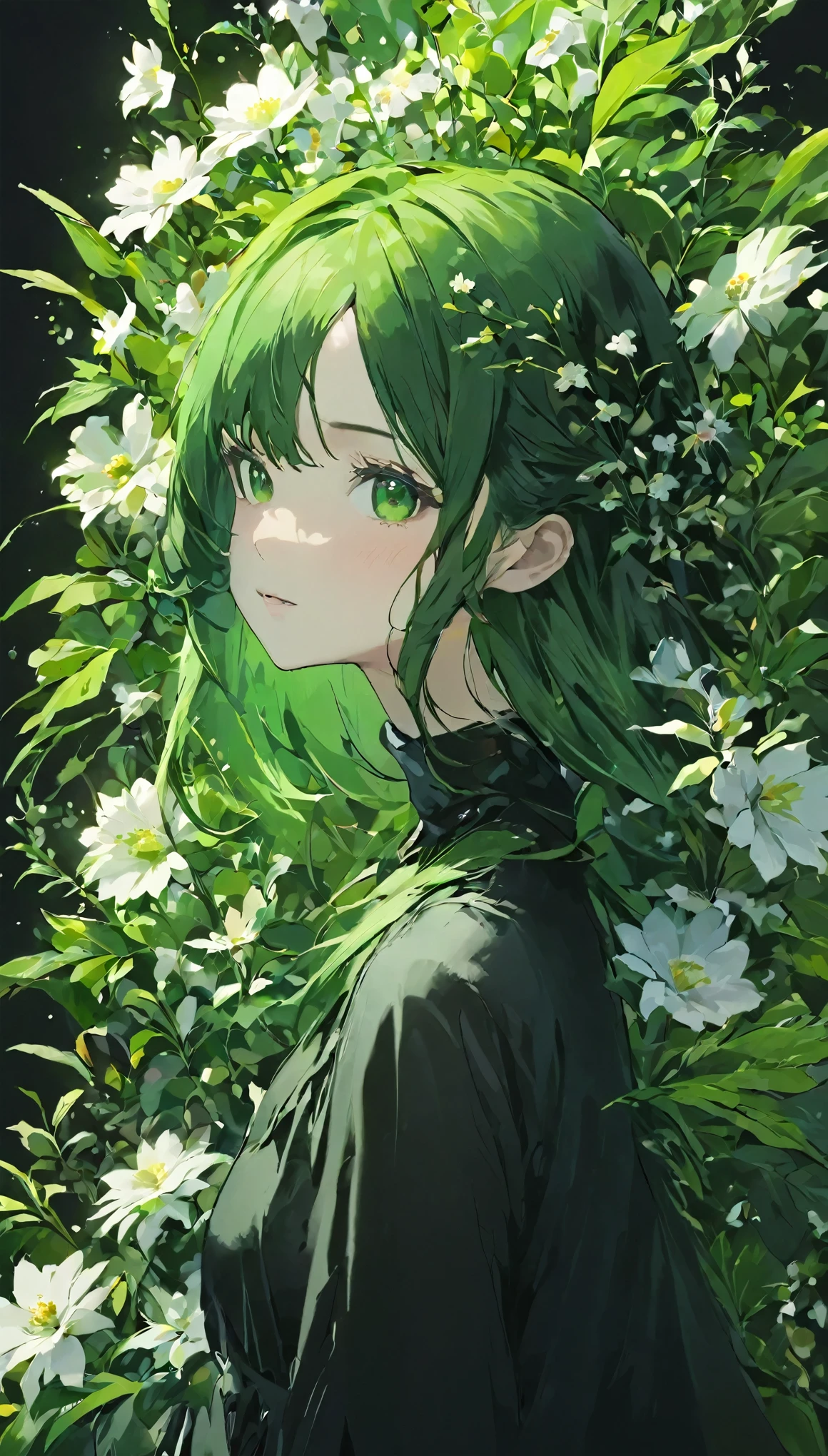 highest quality、Masterpiece、High resolution、8k、break、暗闇にgreenいバラの一輪の花、white_green_Black Harmony、Simple configuration、greenいバラ_Flower arrangement in a vase、Create silence、Wallpaper Art、Super detailed_face_Eye、非常に繊細なfaceと肌の質感、break、One Woman、whiteい髪、Black dress、