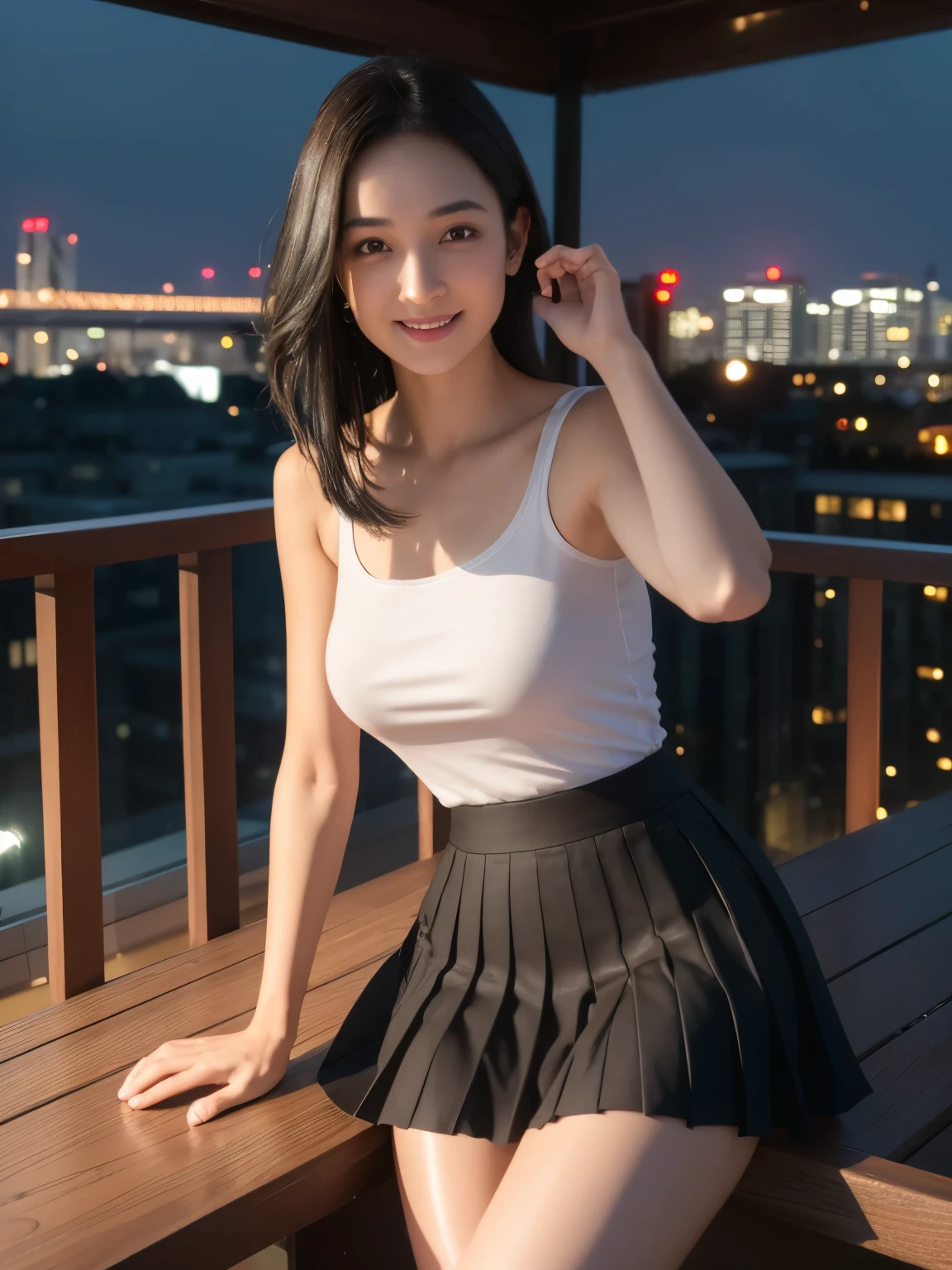 (RAW photos, best quality), (Practical, photoPractical: 1.2), (Round Face: 1), 1 girl, Outdoor selfie, (High Detail Skin: 1.2), (Puffy eyes), (Eye bags), Smile, clavicle, Similar to female genital dripping, Brown and black straight hair, Pure black pleated skirt, soft light, high quality, city View, Skyline, night, rain, wet, Professional lighting, Photon Mapping, Radiosity, Physically Based Rendering,