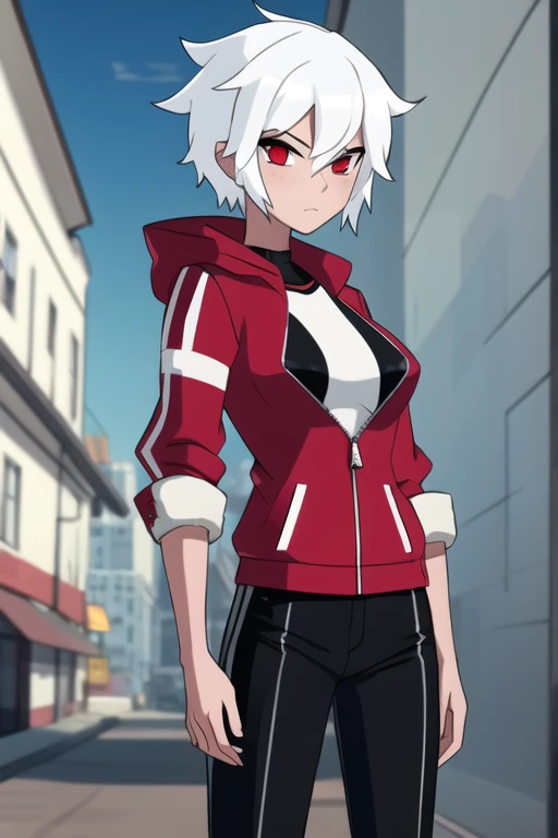 benuaf, 1girl, white hair, black pants, red jacket, red eyes, tomboy, short hair, medium tits,