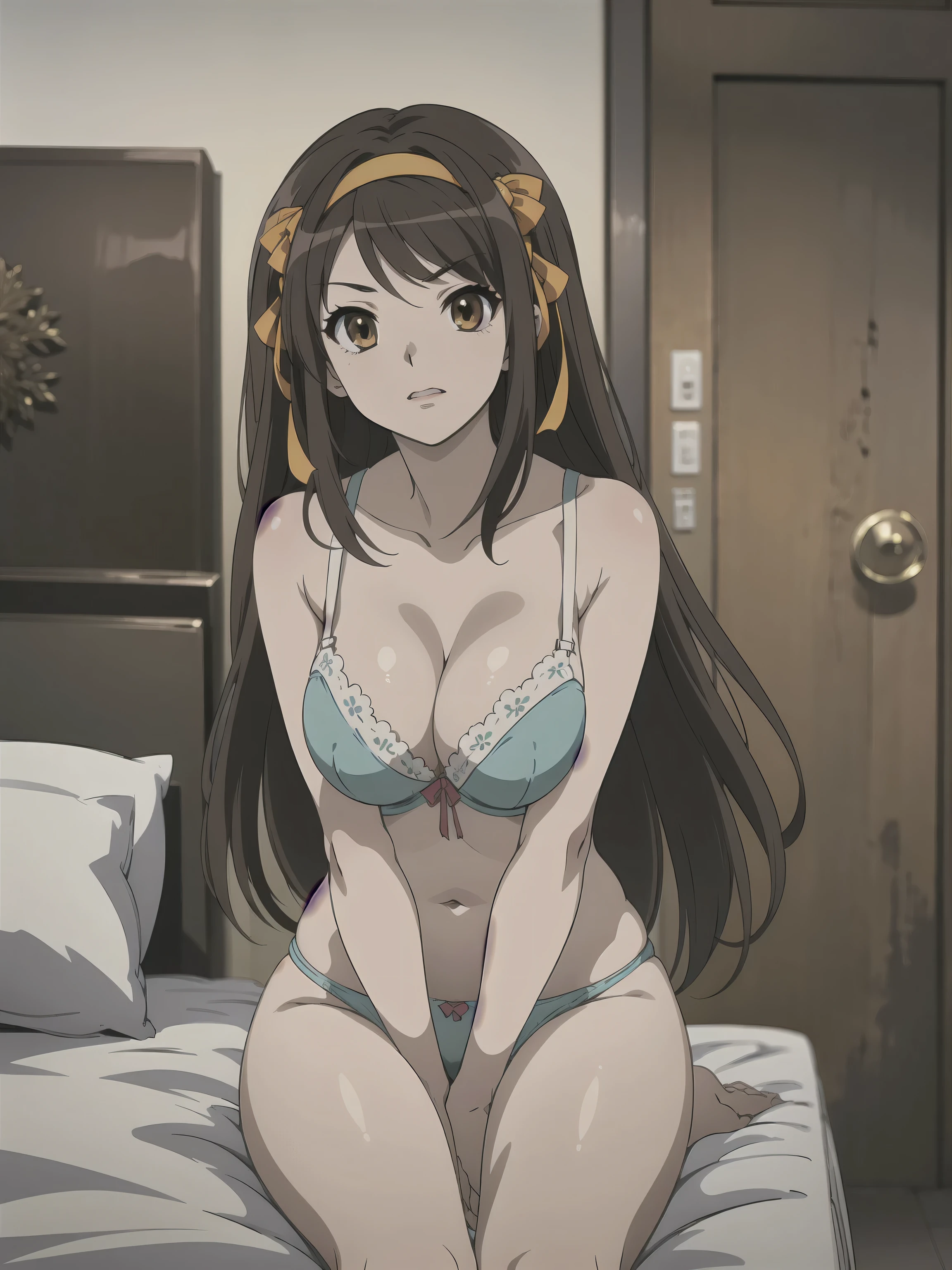 (A superb exquisite haruhi suzumiya), (haruhi suzumiya:1.5), brown eyes, brown hair, natural straight hair, hairband, ribbon, straight bangs, solo, nature, extremely delicate, straight facial features, peerless beautiful girl, soft, (sensual face), ((ecchi face)), dreamy quality, exaggerated facial features, solid color, frank holly, delicate face, bright lips, slender waist, soft curves, real light and shadow, super fine, 4k, natural moving, Ultra high resolution, (masterpiece:1.2, best quality), (finely detailed beautiful eyes: 1.2), (beautiful detailed face), sexy nude model, sexy pose, (large chest), (Perfect Body Proportions), (bedroom), Mekosuji, Spread your legs a little and show off your crotch, bra & panties,