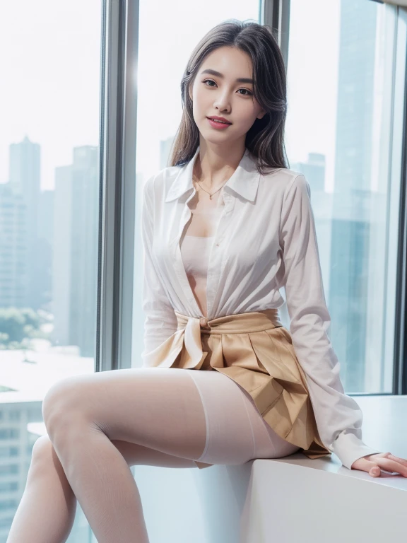 (wallpaper),32K,((Extremely exquisite and beautiful)),(((masterpiece))),(((Best quality))),(((超high resolution))),Realistic shadows,(high resolution),(Smooth and flawless fair skin:1.5),(Pale skin:1.3),Extremely delicate facial details,beautiful eyes,(Perfect body:1.1),Nikon D750 Camera / 1.4 55 mm，profesional light， Physically based rendering, 1 Girl, Sailor Suit，tie，Pleated Skirt，White pantyhose，Black Hair，Lips，full-body shot，Golden Ratio,[:(A detailed face:1.2):0.2]，Pure face_V1, Broad shoulders,(Maximum chest:1.5),plump legs，Skirts cover the bottom of the skirt，High heel，A big smile，White Teeth，Office balcony，light，Backlight，
