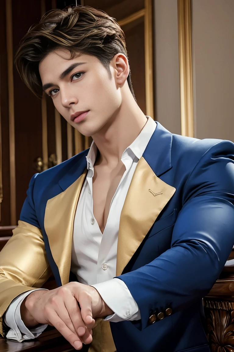 Ultra wide angle,((masterpiece)),((best quality)),8K,High Detail,Very detailed, 2 handsome muscular boys,Very manly,Golden brown eyes,Fashionable short hair,Vivid male image, fashion pose, masculine expression,Real skin texture, ((Perfect hand details)),((Real and complete hand details)),Light,
Royal blue style couple,White male model photos,whole body