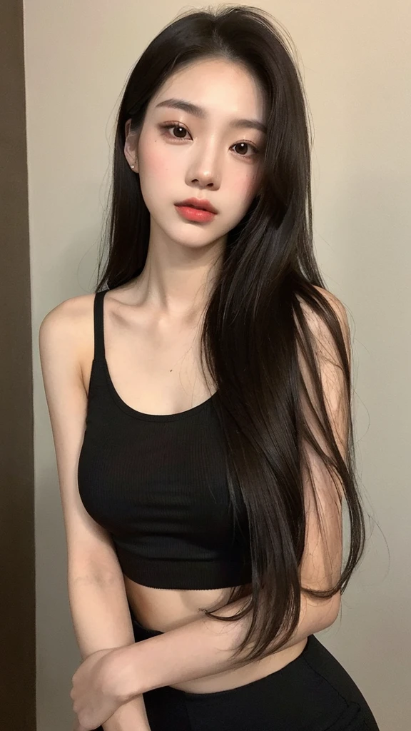 a close up of a woman with long hair wearing a brown top, a picture by Yang J, tumblr, digital art, gorgeous young korean woman, she is wearing a black tank top, beautiful south korean woman, korean women's fashion model, tight black tanktop, beautiful young korean woman, photo of slim girl model, korean girl, attractive girl, beautiful asian girl