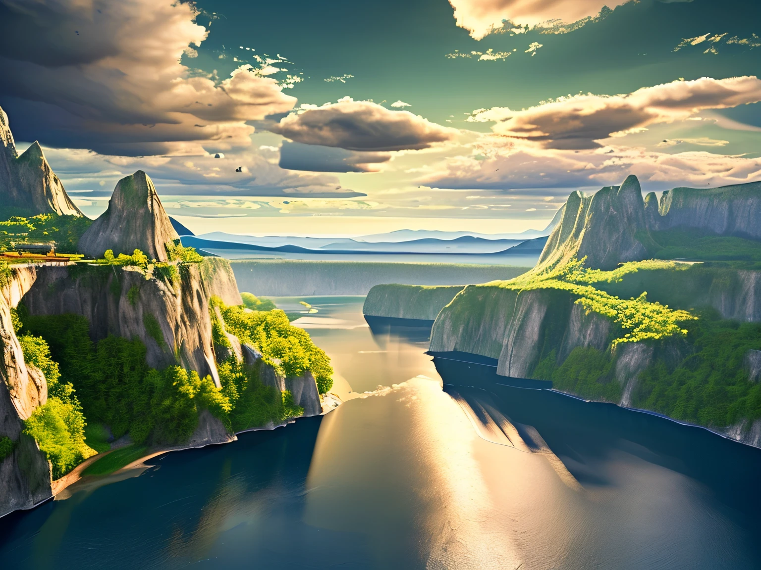 Masterpiece, ultimate quality, Cg unity 8k wallpaper, super delicate, beautiful sky and clouds, rich natural scenery, cliffs, beautiful green mountains, Blue lake surrounded by mountains and hills, no trace of people, excellent scenery, has already won a photo contest, background Blurring, full depth of field, HDR high dynamics, true restoration, intricate, extreme details, dramatic presentation, perfectly presenting the style of midjourney art.