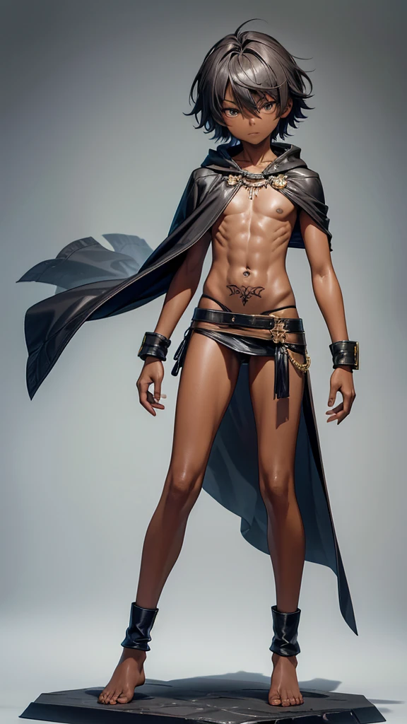 twelve year old boy,gray short hair,Dark skin,flat chest,Very slim figure,cloak,Tattoo,animal skin top,Animal leather skirt,thong,Thin legs,barefoot,Valley River