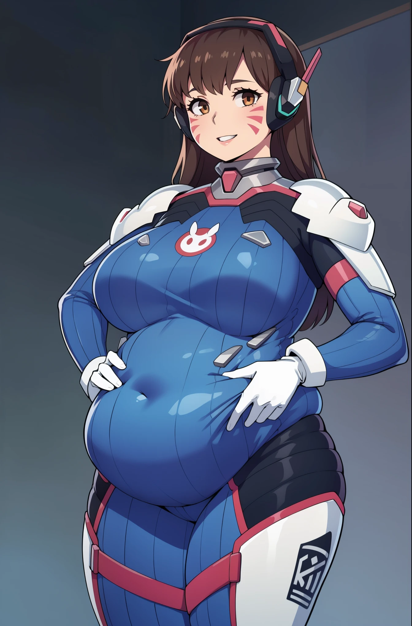 Thin, fit, (massive bloated belly:1.0)Full body, standing still, 1girl, 18 years old,, looking at viewer, wide smile, parted lips, long hair, brown hair, headphones, whisker markings, shoulder pads, blue bodysuit, ribbed bodysuit, animal print, clothes writing, long sleeves, white gloves, medium breasts, simple dark background