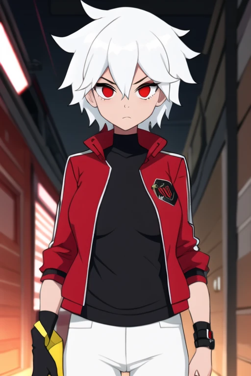 benuaf, 1girl, white hair, black pants, red jacket, red eyes, tomboy, short hair, medium breast, 