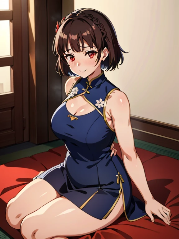 1個穿著藍色Tight cheongsam的女孩, shiny effect on clothes, Makoto_Ni Dao wearing blue cheongsam, Makoto_Niijima Ryo, Tight cheongsam, Flowers on clothes, (((A plump teardrop-shaped chest,)))Expose((Cleavage))
, dress without sleeve, Red Eyes, beautiful eyes, brown hair, Medium Length Hair, Bangs, crown braid, Medium Length Hair, blush, gentle smile, soft light, shiny fabric, Tights, Smooth fabric, sit, beautiful, 8K, Very high resolution