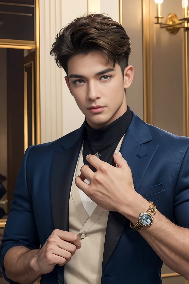 Ultra wide angle,((masterpiece)),((best quality)),8K,High Detail,Very detailed, 2 handsome muscular boys,Very manly,Golden brown eyes,Fashionable short hair,Vivid male image, fashion pose, masculine expression,Real skin texture, ((Perfect hand details)),((Real and complete hand details)),Light,
Royal blue style couple,White male model photos,whole body