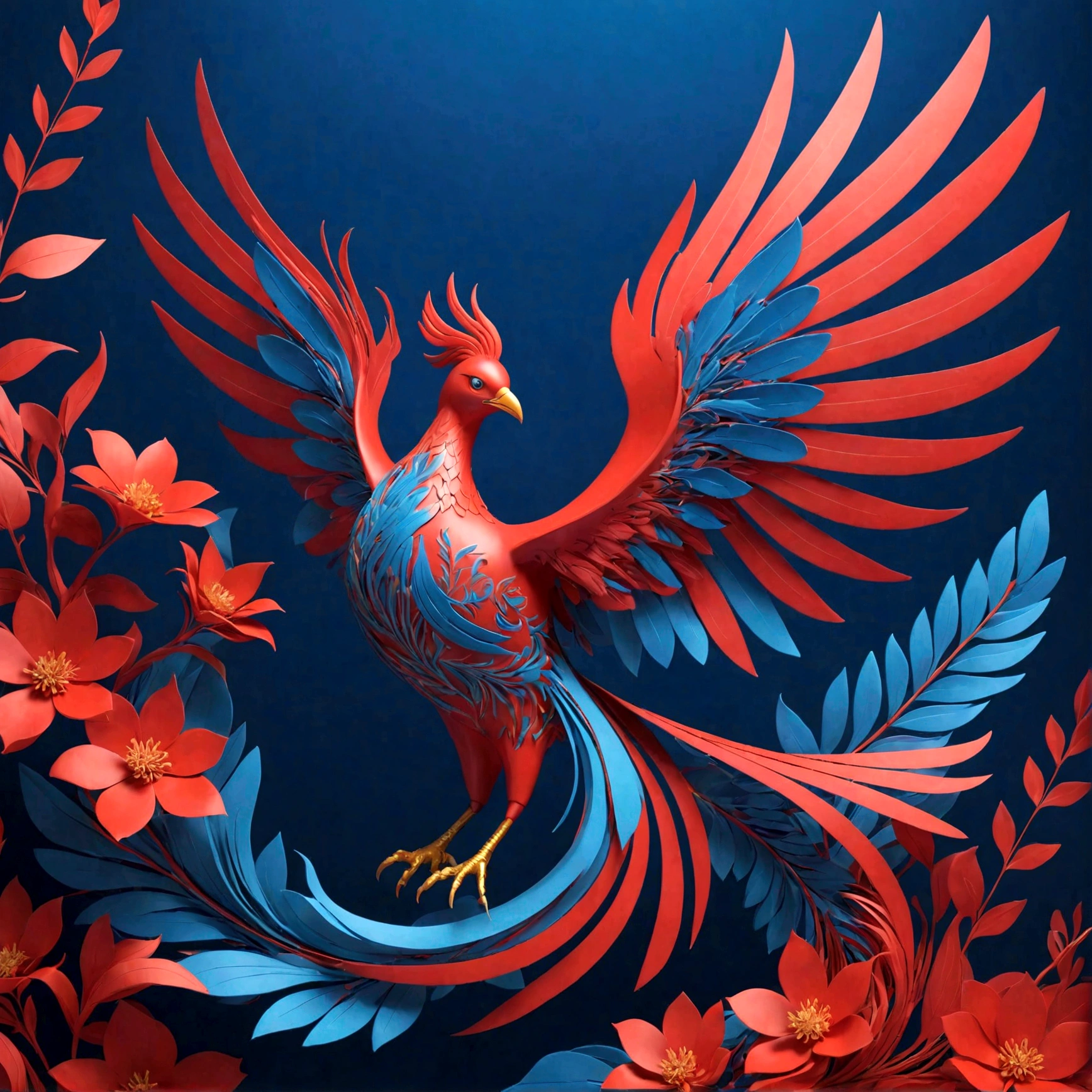 abstract 3D shape flying Phoenix, foliage and flowers incorporated, light emitting, red and blue background