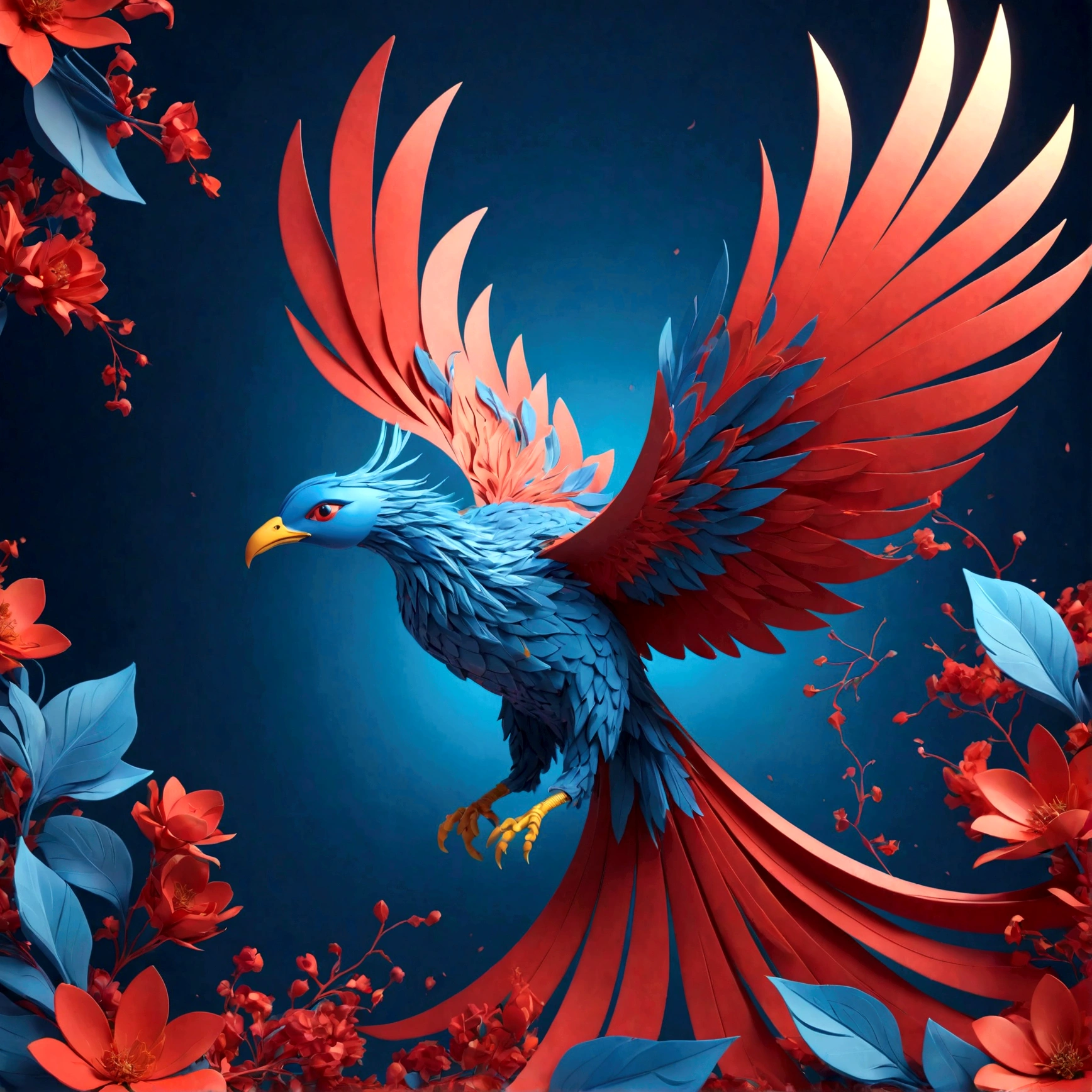 abstract 3D shape flying Phoenix, foliage and flowers incorporated, light emitting, red and blue background