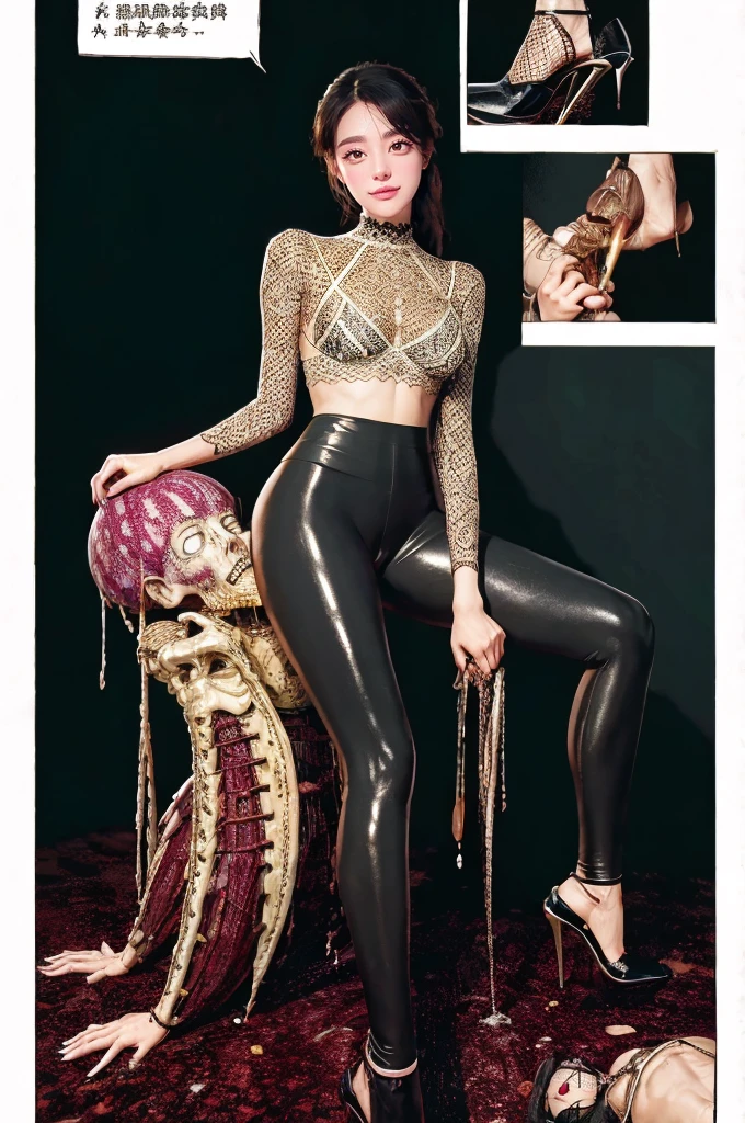 The beautiful girl in lace top and leggings is sitting astride a pile of skeletons in the center of the picture. She is holding a trembling sausage with juice squeezed out in her hand and smiling. There are multiple comic storyboards in the background，cbt, sausage bondage,sausage insertion,Sexy, trampling sausage with high heels heel,(masterpiece, best quality:1.2)，1 beautiful girl,sexy，comic storyboard:2, leggings, sit astride, axially symmetrical:2, ,femdom，sounding，cbt，hold，smile，colorful，leggings，thin gap，cameltoe，insertion，trembling，juice，spray， Long hair,Lace top,Sexy, Shiny leggings, High heel，cleveage, trampling, in forest, saliva , Mucus，