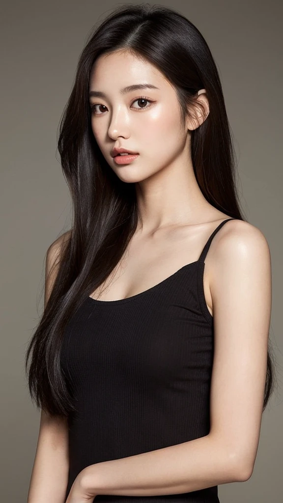 a close up of a woman with long hair wearing a brown top, a picture by Yang J, tumblr, digital art, gorgeous young korean woman, she is wearing a black tank top, beautiful south korean woman, korean women's fashion model, tight black tanktop, beautiful young korean woman, photo of slim girl model, korean girl, attractive girl, beautiful asian girl